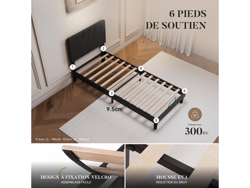  Lit 90x200 cm avec sommier à lattes, cadre de lit rembourré, tête de lit réglable, pieds antidérapants, lit 1 personne, noir  - Conforama C