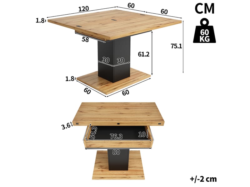 Table à manger carré extensible avec rangement 120x120 cm en mdf coloris naturel - Conforama C