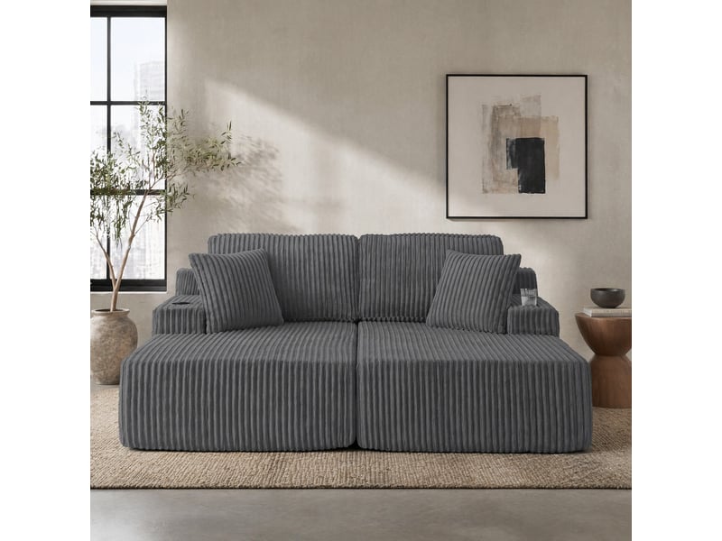  Canapé convertible 2 places avec poche et porte-gobelet  - coussins amovibles, velours côtelé gris  - Conforama C