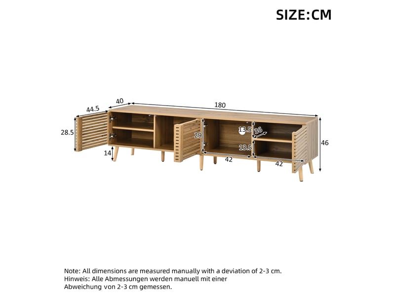  Meuble tv avec 4 portes ajourées, 6 niches réglables et passe-câbles pour salon, mdf et bois, naturel, 180 × 40 × 46 cm  - Conforama D