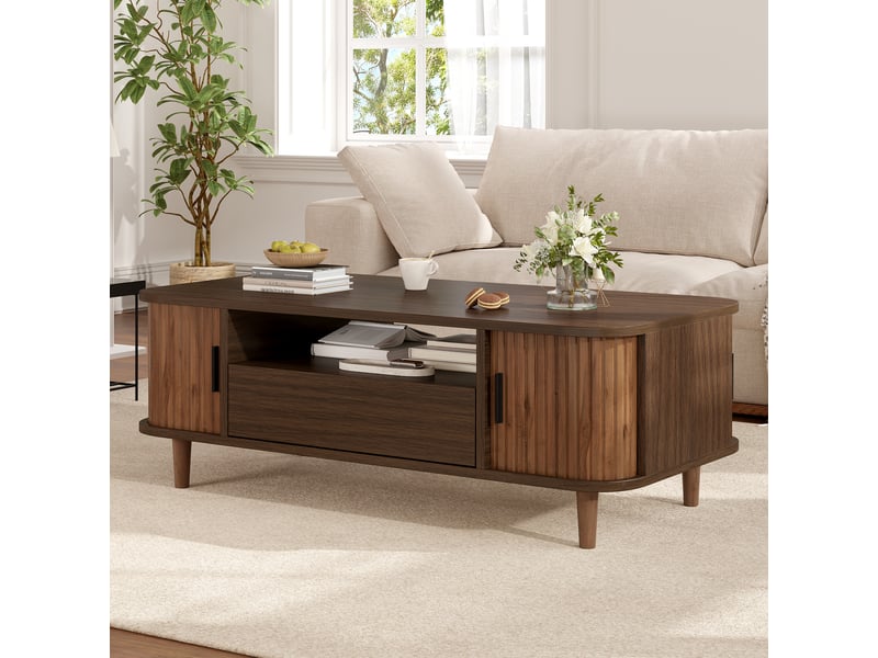  Table basse 100x50x35 cm avec 1 tiroir, 2 portes à rideau et niche ouverte, table de salon aux angles arrondis, pieds en bois, mdf, 30 kg, effet noyer Seren Glow - Conforama D
