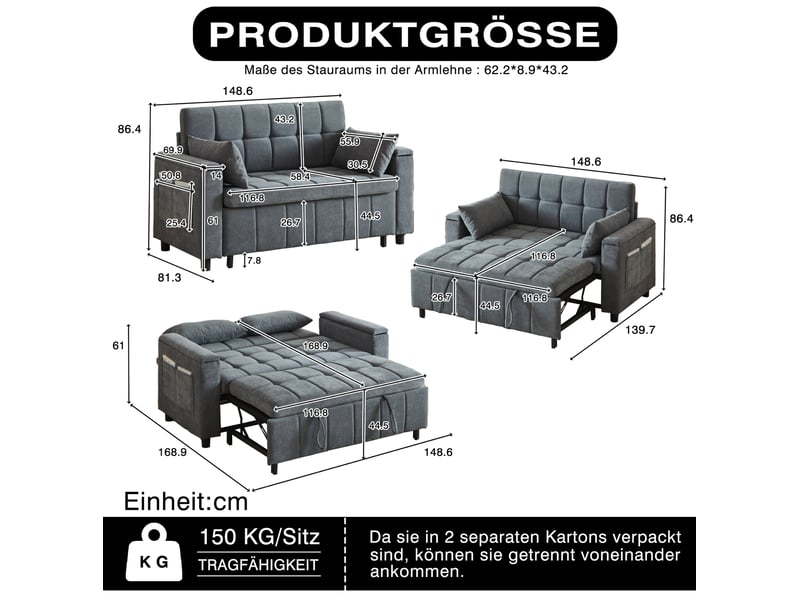 Canapé convertible 2 places 3 en 1 avec rangement dans les accoudoirs et poches latérales en chenille gris - Conforama C