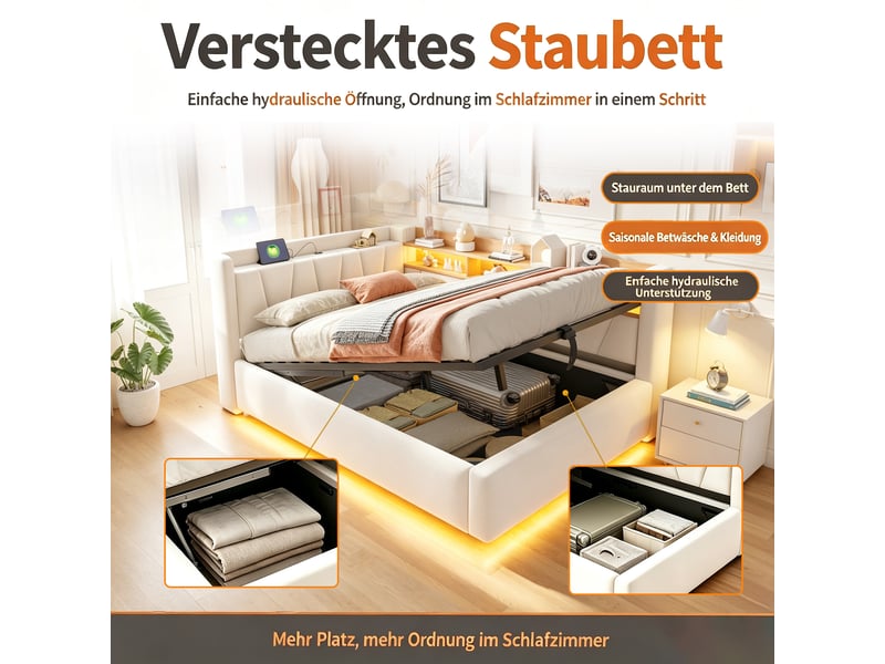  Lit banquette coffre 140x200cm avec rangement hydraulique, led, usb, dossier et accoudoir rembourrés, velours beige, lit double moderne pour chambre  - Conforama E