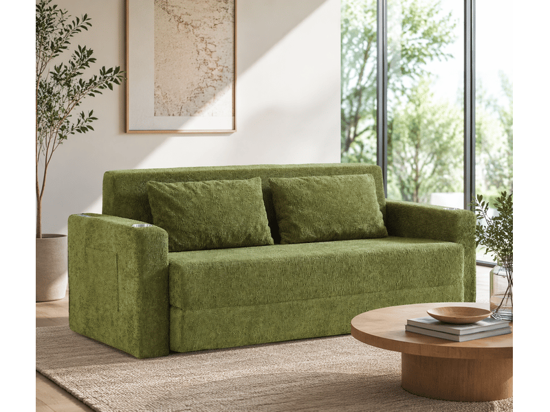 Lit canapé convertible 2 en 1 - 163x178 cm vert - sofa lit pliable avec port usb, porte-gobelets et poches latérales pour salon - Conforama C