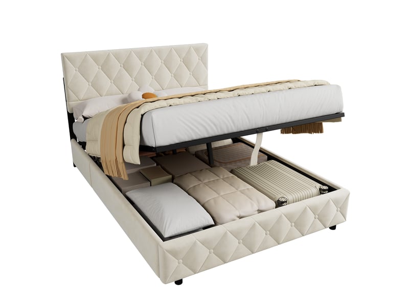 Lit coffre 140x200 cm velours beige, tête de lit capitonnée, ouverture hydraulique, sommier à lattes inclus - Conforama A