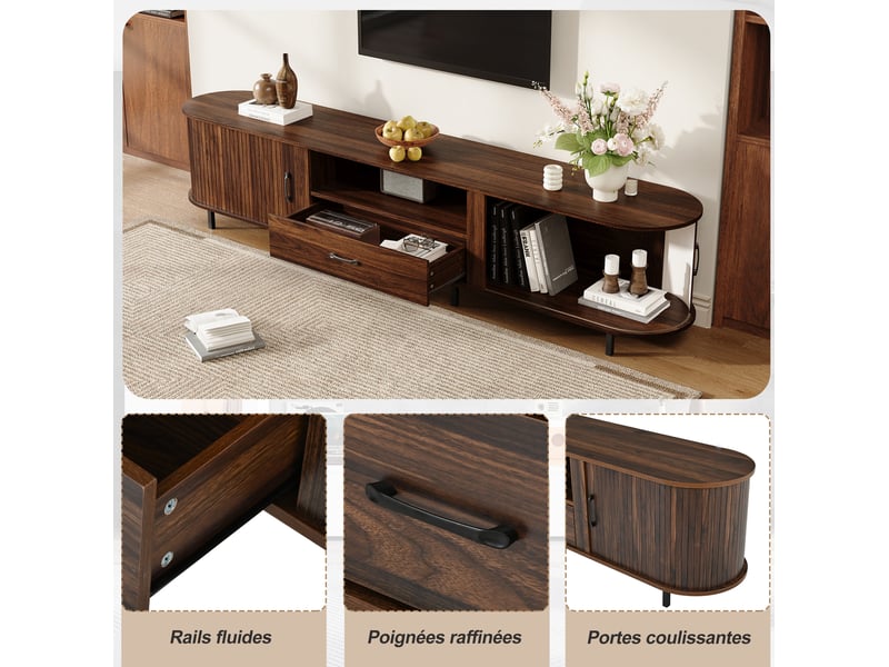  Meuble tv 180x40x50 cm avec tiroirs et niches de rangement, structure en mdf, coloris bois foncé noyer, pour le salon  - Conforama D