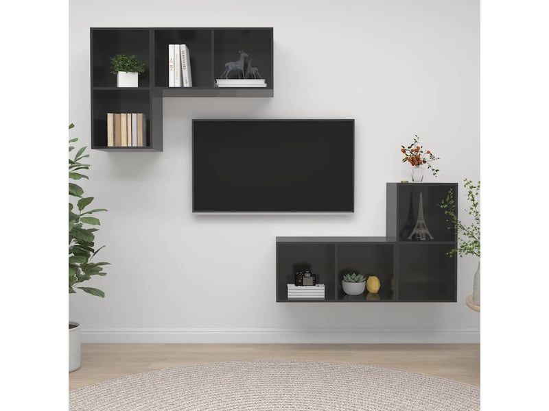  Lot de 4 meuble tv mural, meuble tv suspendu gris brillant bois d'ingénierie shl76464  - Conforama B