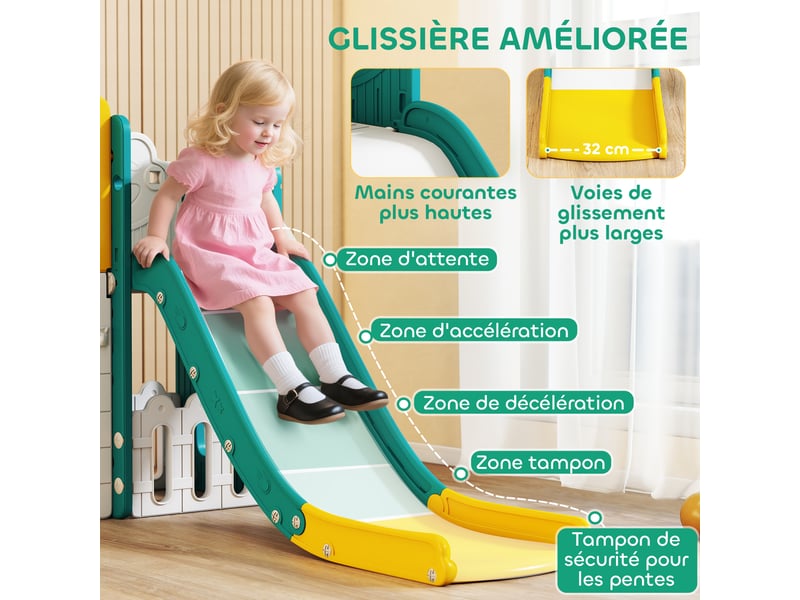  Toboggan pour enfant 7 en 1 avec panier de basket, télescope, rangement, tunnel, escalade, tableau de dessin, jaune  - Conforama E