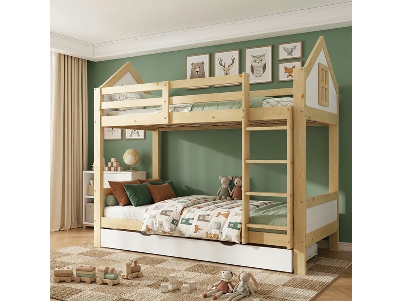  Lit superposé enfant 90x200 cm avec lit gigogne 90x190 cm, 3 couchages, design cabane avec fenêtre, échelle et garde-corps, bois, blanc et naturel Seren Glow - Conforama E