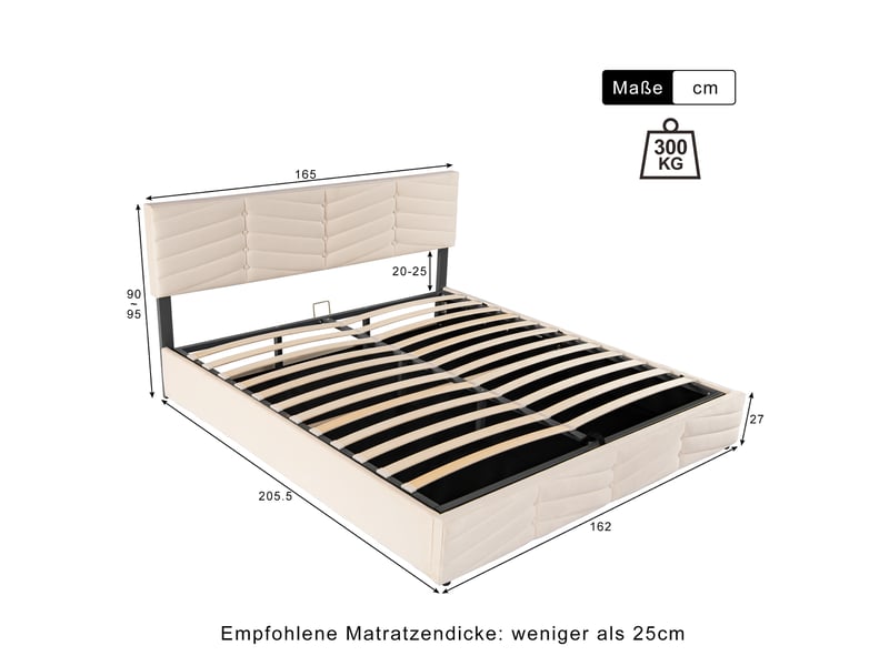  Lit double 160x200 cm velours beige – tête de lit rayée réglable avec coffre hydraulique  - Conforama C