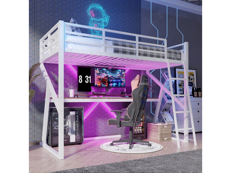 Lit mezzanine enfant 90×200 cm led réglable, bureau et barrière - sans matelas, métal - blanc - Conforama C