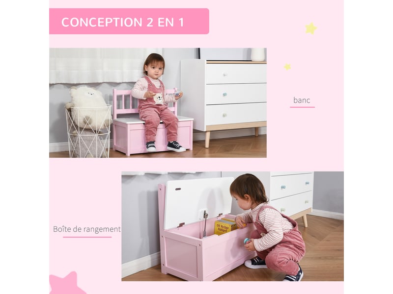  Coffre à jouet enfant banc de rangement enfant couvercle rabattable et charnières de sécurité 60 x 30 x 50 cm rose  - Conforama R
