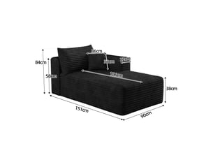 Canapé noir en velours côtelé, canapé 1 place pour salon, assise rembourrée en mousse, format chaise longue 151 x 90 x 58 cm