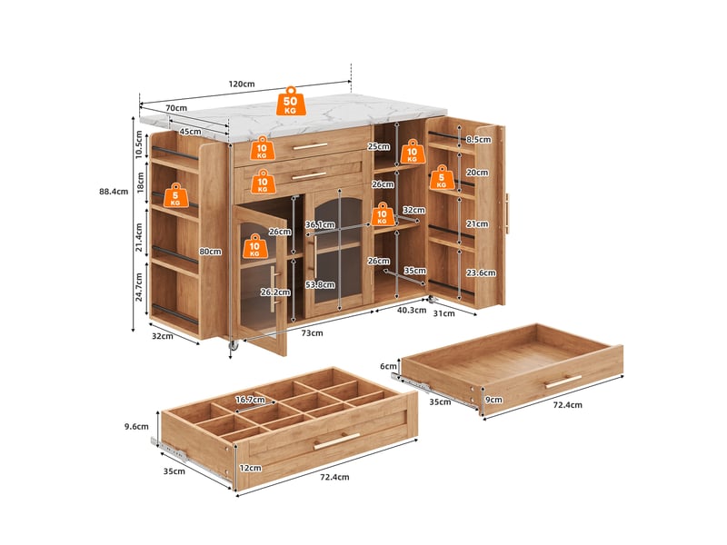 Desserte de cuisine 120x45x90 cm plateau rabattable mdf naturel - Conforama E