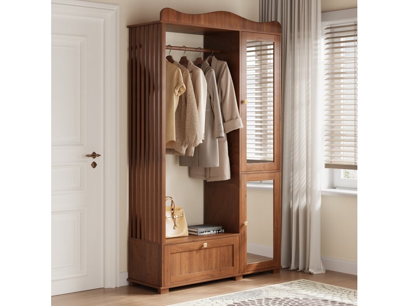  Armoire penderie ouverte 115,5x38,5x194,5 cm, miroir, 2 portes et tiroir, meubles de chambre, mdf, coloris de noyer  - Conforama E