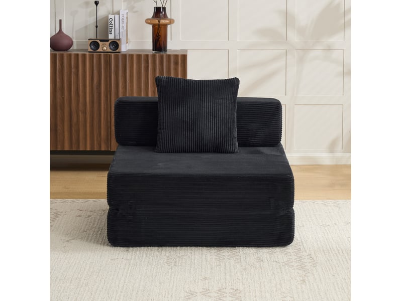 Canapé convertible au sol 1 place pliable avec coussin de dossier et accoudoirs en velours côtelé noir - Conforama D