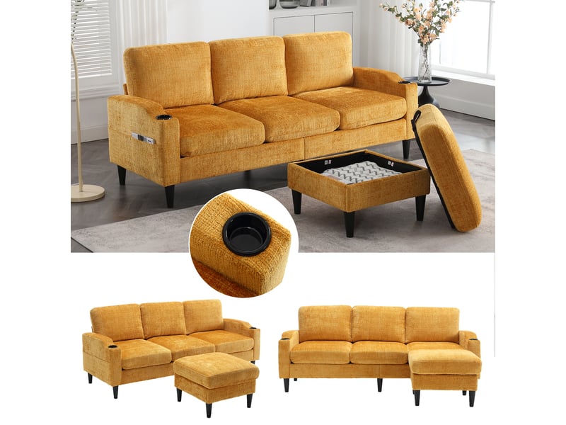 Canapé 4 places en chenille jaune avec hocker et rangement intégré, accoudoirs et porte-gobelets - Conforama B