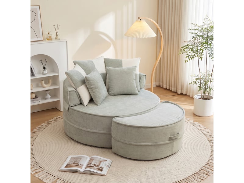  Fauteuil lounge rond 1 place en chenille vert menthe avec ottomane et 5 coussins  - Conforama B