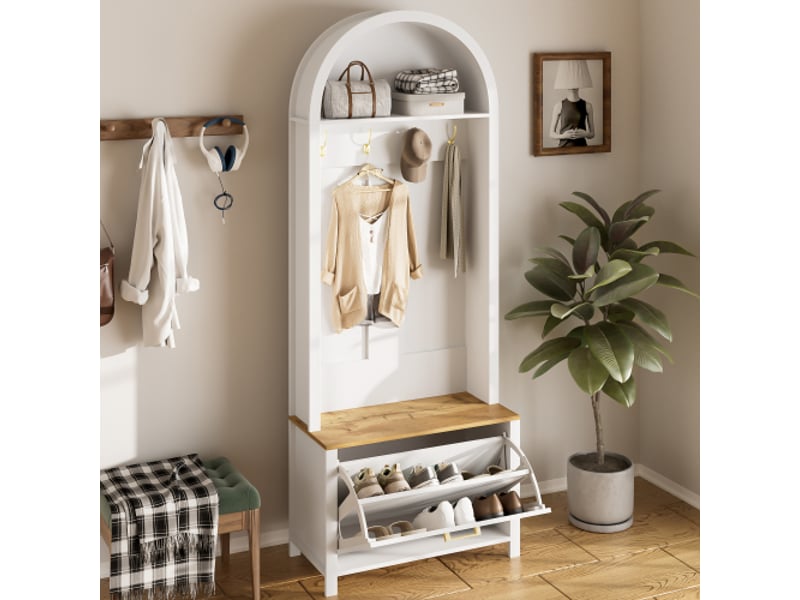  Porte-manteau d'entrée multifonction avec rack à chaussures et crochets – mdf durable, pieds en fer, design moderne  - Conforama D