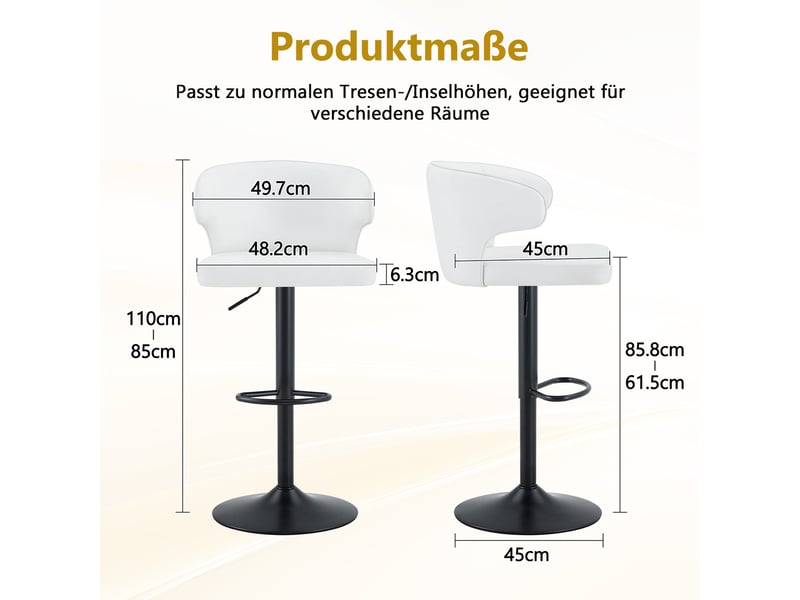  Tabourets de bar lot de 2 pivotants avec dossier réglable - lpospi - assise rembourrée, repose-pieds, pu - blanc  - Conforama D