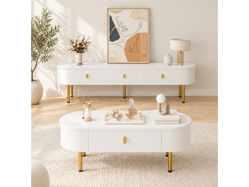  Ensemble meuble tv et table basse 174x35x41 cm et 108x50x40 cm, tiroirs, angles arrondis, mdf blanc et doré  - Conforama B