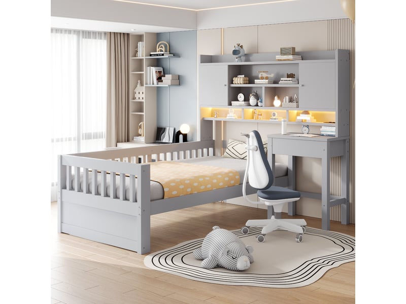  Lit enfant multifonction 90x200 cm avec bureau, tiroirs, rangements, led et prise, lit simple en bois avec barrière de sécurité, sommier, gris OPULERANE TRADING LTD - Conforama D