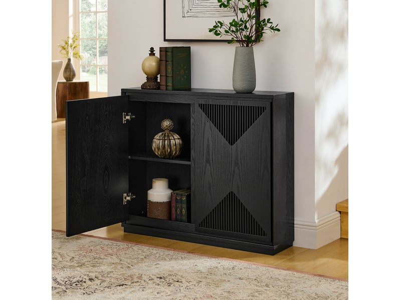  Buffet et enfilade étroit avec 2 portes rainurées en v et 2 ouvertures arrière pour salon et entrée en bois noir  - Conforama E