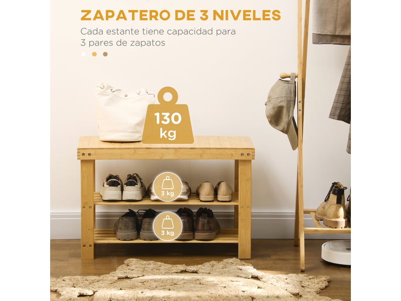  Banc à chaussures en bambou avec assise et 2 étagères pour 6 paires pour entrée salon chambre 70x28x45 cm naturel  - Conforama E