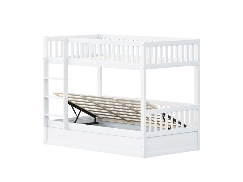  Lit superposé 2 places 90 x 200 cm avec lit coffre hydraulique intégré, lit enfant en bois blanc avec garde-corps, échelle et sommier à lattes  - Conforama E