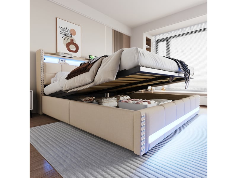  Lit 2 personnes 180x200 cm en lin, tête de lit avec étagères et espace de rangement, beige, lit double avec éclairage led et usb  - Conforama C