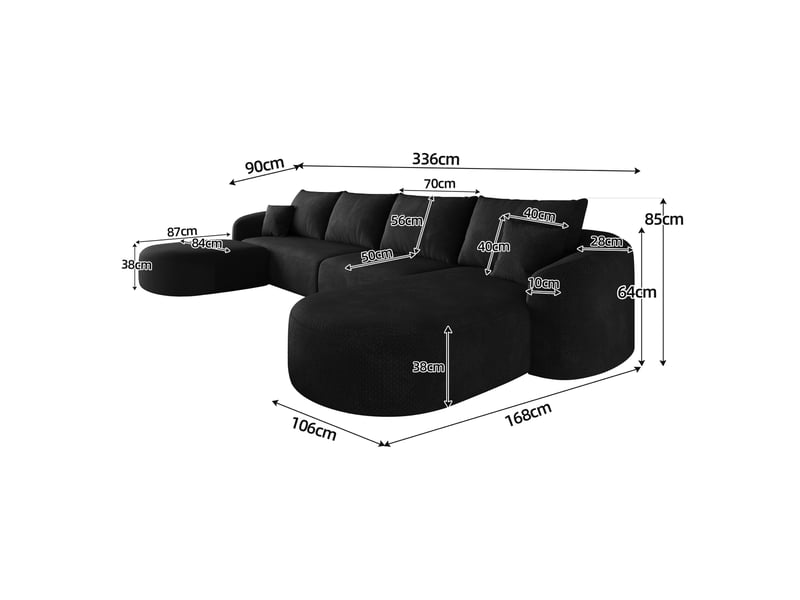  Canapé modulable panoramique en u, revêtement tissu noir, structure sans cadre bois, installation rapide pour salon moderne  - Conforama C