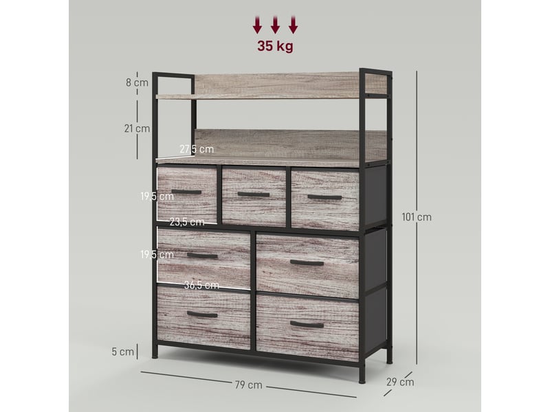  Meuble de rangement commode 7 tiroirs en tissu pliables et amovibles étagères ouvertes, gris  - Conforama C