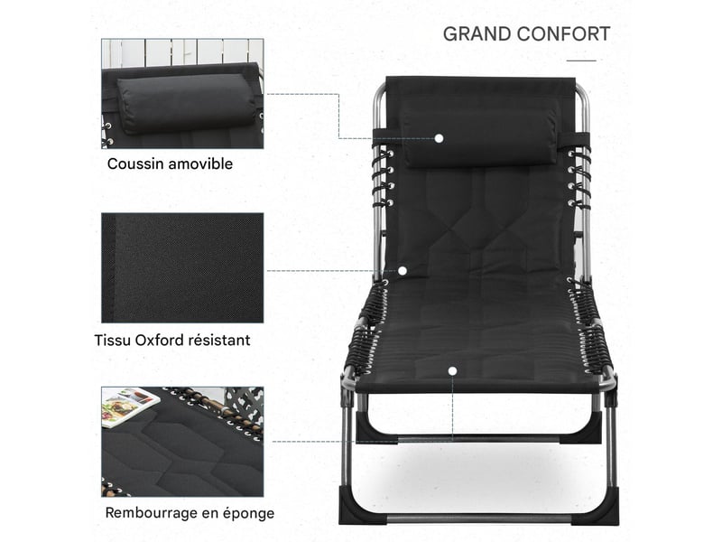  Transat pliable avec dossier réglable 5 positions et poche noir 188 x 57 x 30 cm  - Conforama E