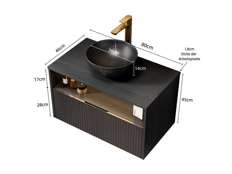 Meuble sous vasque suspendu 1 tiroir, niche, vasque en céramique et led pour salle de bain noir 80 × 46 × 60,8 cm - Conforama C