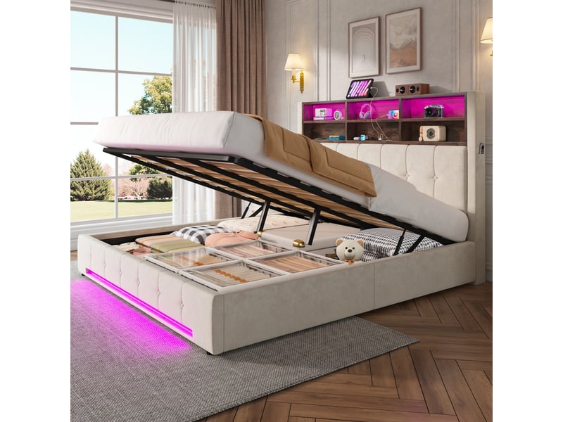 Lit coffre 180x200 cm, lit double, rangement hydraulique, led, usb et usb-c, velours beige - Conforama A