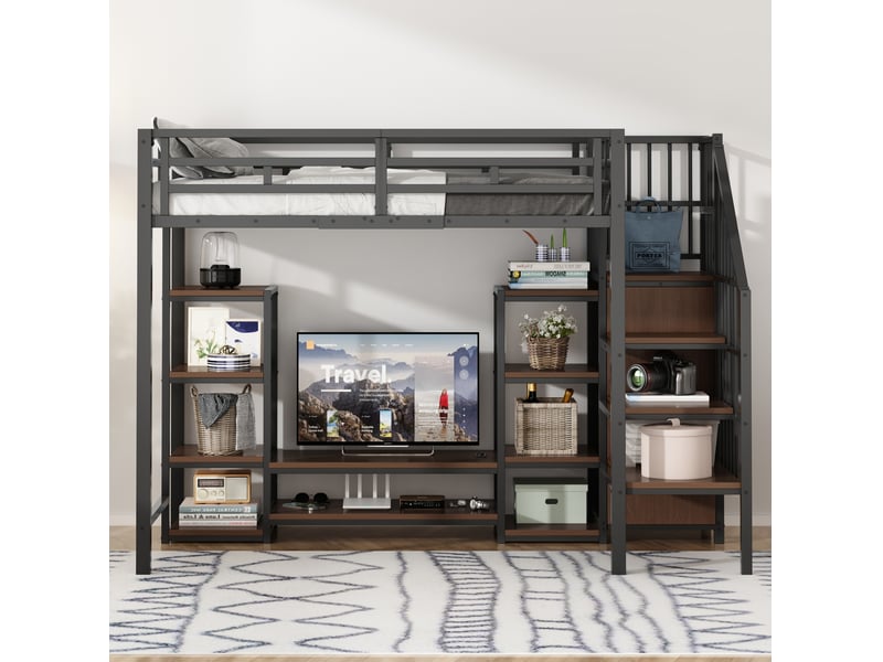  Lit mezzanine 90x200 support télévision, prise intégrée, échelle sécurisée, gain de place, métalmdf, noir sans matelas  - Conforama D