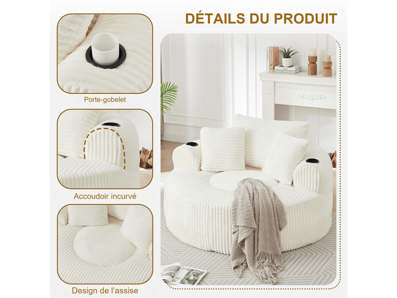  Fauteuil lounge rond 1 place en velours côtelé beige 142x142 cm, 2 porte-gobelets, 3 coussins, rangement latéral, salon ou chambre 142X142X85cm - Conforama D