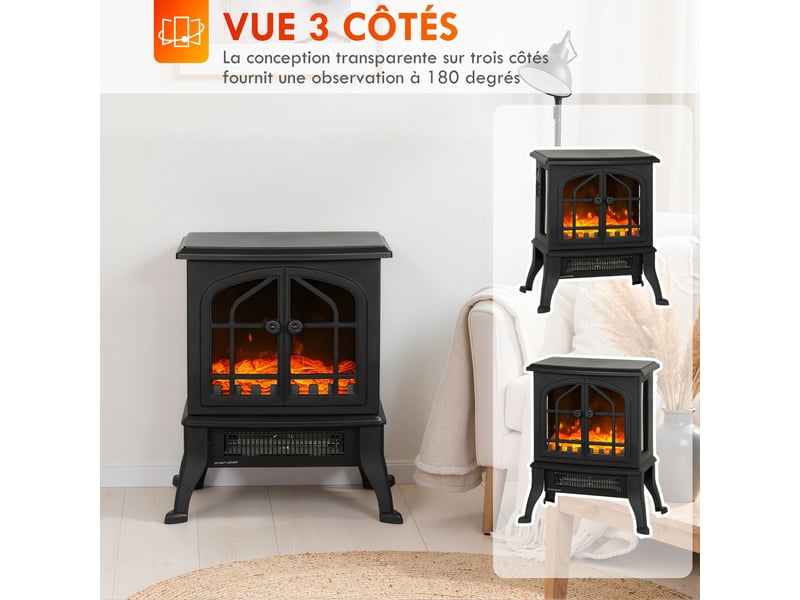  Cheminée électrique effet flamme 3d, 1800 w, thermostat réglable, noire, 39 x 24 x 48 cm  - Conforama W