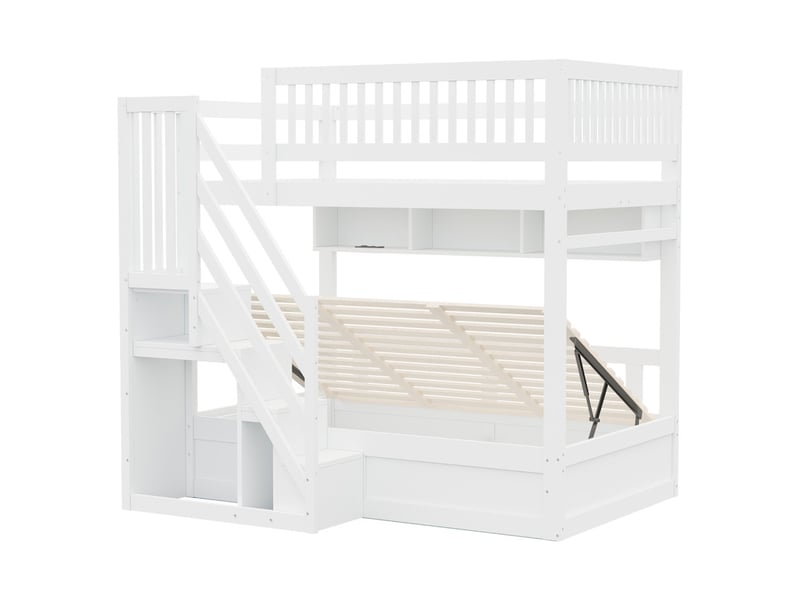 Lit superposé 250 × 200 cm – avec escalier de rangement – avec étagères – avec éclairage led – avec prise électrique – blanc (matelas non inclus) - Conforama W
