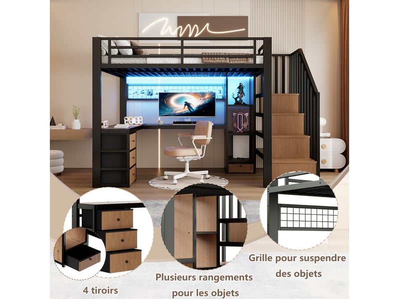  Lit mezzanine enfant 90x200 cm avec bureau, 4 tiroirs, escalier de rangement et éclairage led, cadre métal noir  - Conforama B