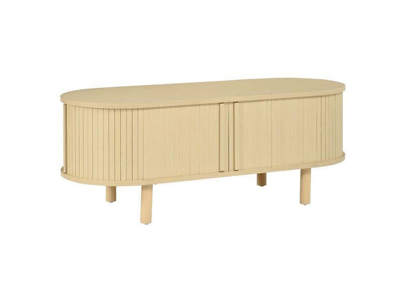 Table basse ovale 100 x 40 x 38 cm – naturel – rangement avec portes à lamelles et rideau coulissant - Conforama D