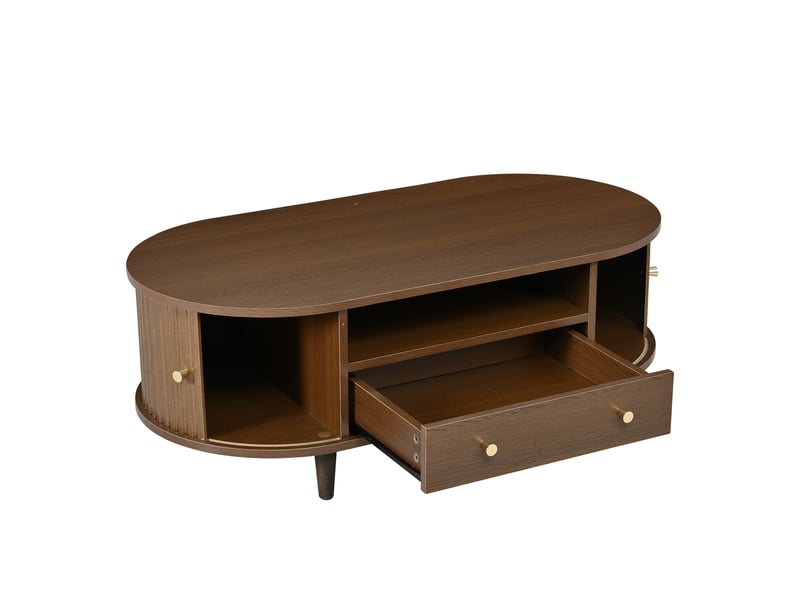 Table basse ovale avec tiroir et porte roulante, table salon 100x50x36 cm en mdf décor noyer  - Conforama D