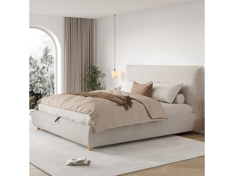  Lit coffre 180x200 cm avec sommier hydraulique, tête de lit rembourrée et pieds bois massif, velours crème BUYDEEMEUS - Conforama C