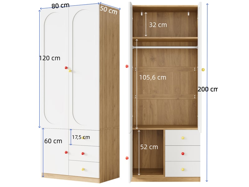 Ensemble de 2 armoires 2 portes avec tiroirs, penderie et poignées en céramique colorée, finition laquée blanche, grand rangement pour chambre d’enfant OPULERANE TRADING LTD - Conforama C