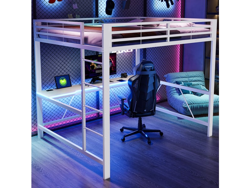 Lit mezzanine gaming 160x200 cm avec bureau, led et usb, structure en métal blanc - Conforama B