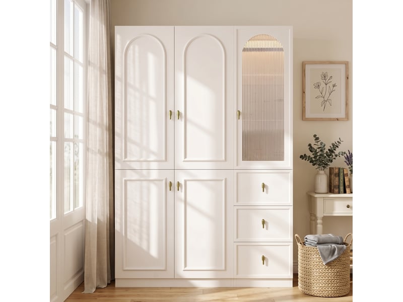  Armoire 135x48x200 cm avec led, 3 tiroirs et 5 portes, 3 espaces penderie, blanche  - Conforama D