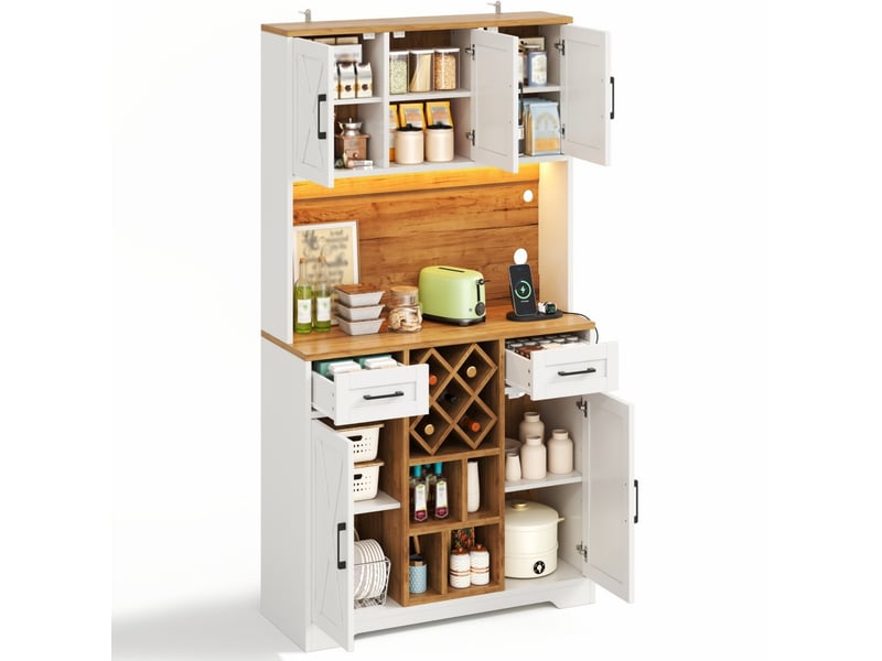  Buffet haut 105x40x180 cm naturel et blanc en mdf, led rgb, range-bouteilles et rangement cuisine  - Conforama A