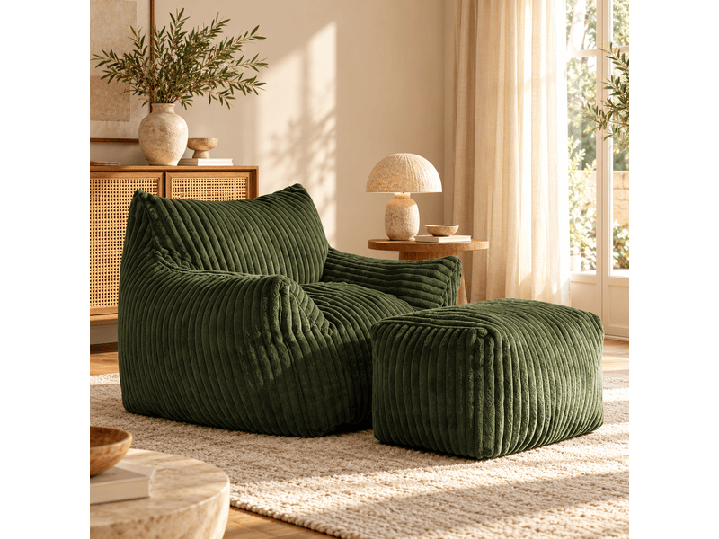  Fauteuil lounge avec pouf assorti 100x90x70 cm, tissu côtelé effet flanelle, rembourrage en mousse, fauteuil de détente - vert  - Conforama C