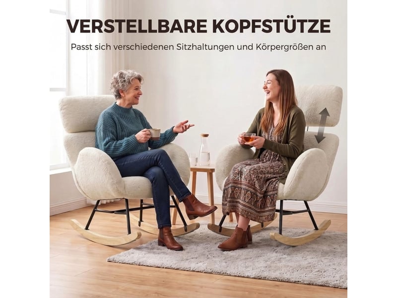  Fauteuil à bascule rembourré avec appui-tête réglable, velours à motif gouttes de pluie, structure en bois d'hévéa, blanc crème  - Conforama R