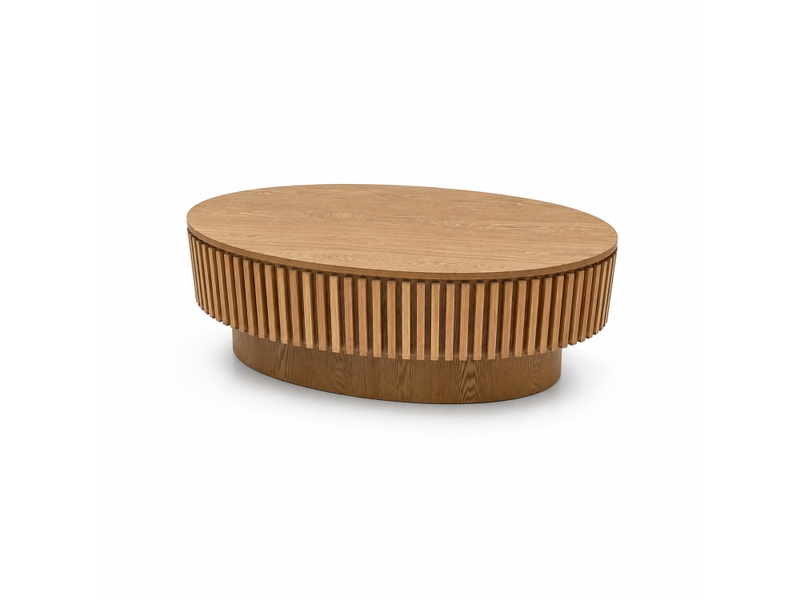Table basse ovale cannelée bois naturel 98 cm, placage bois massif, rangement caché - Conforama D